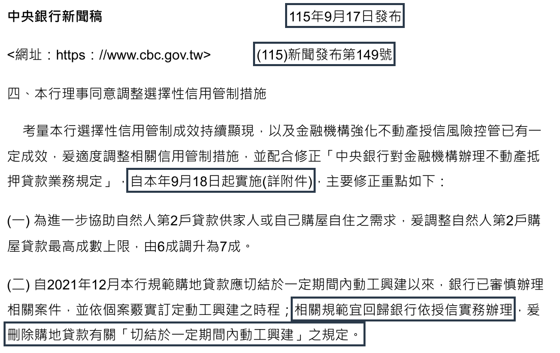 中央銀行 115 年 9 月 17 日新聞稿原文截圖，框線標出發布日期、新聞發布第 149 號、自本年 9 月 18 日起實施，以及刪除購地貸款切結於一定期間內動工興建之規定那一句