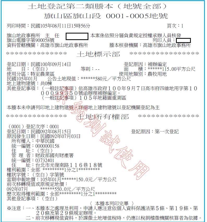 土地登記第二類謄本官方樣張，紅框標出土地標示部、使用分區、使用地類別與土地所有權部四處位置
