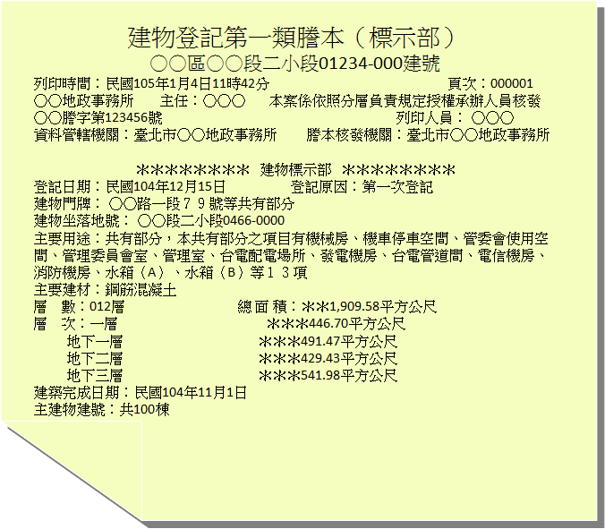 共有部分建號的建物標示部樣張，主要用途欄一次列出機械房、機車停車空間、管委會使用空間等十三項公共設施
