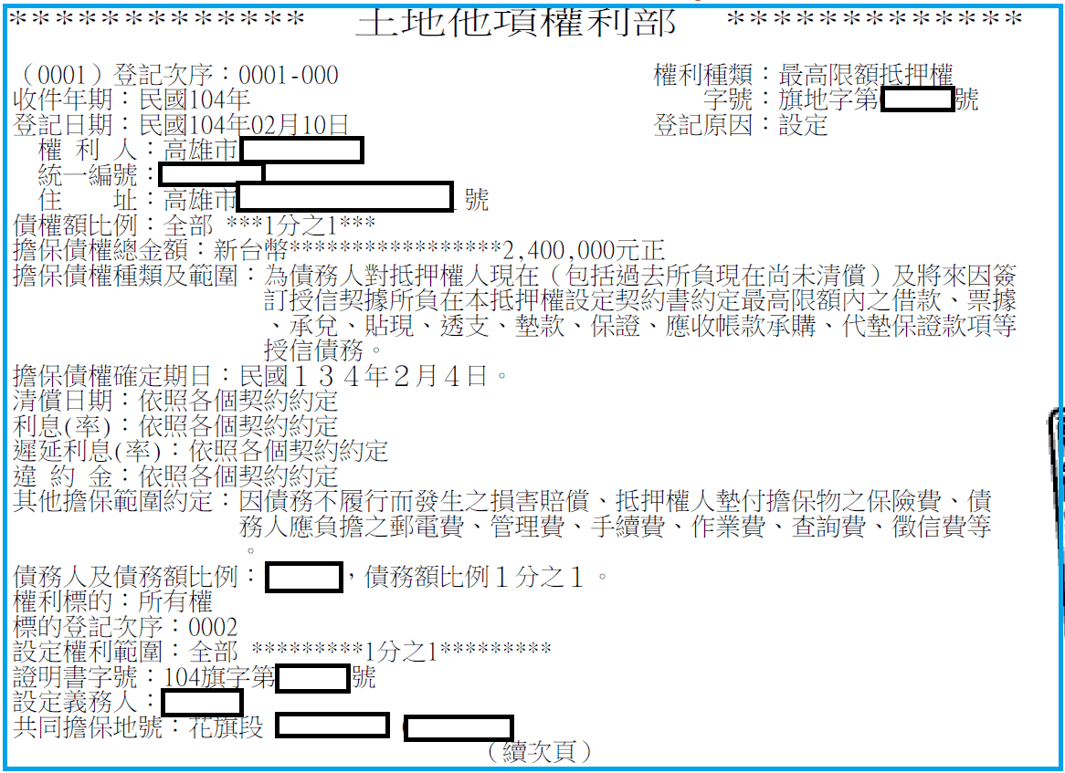 土地他項權利部樣張，權利種類為最高限額抵押權，完整列出權利人、債權額比例、擔保債權總金額240萬元、擔保債權確定期日、債務人及債務額比例等欄位