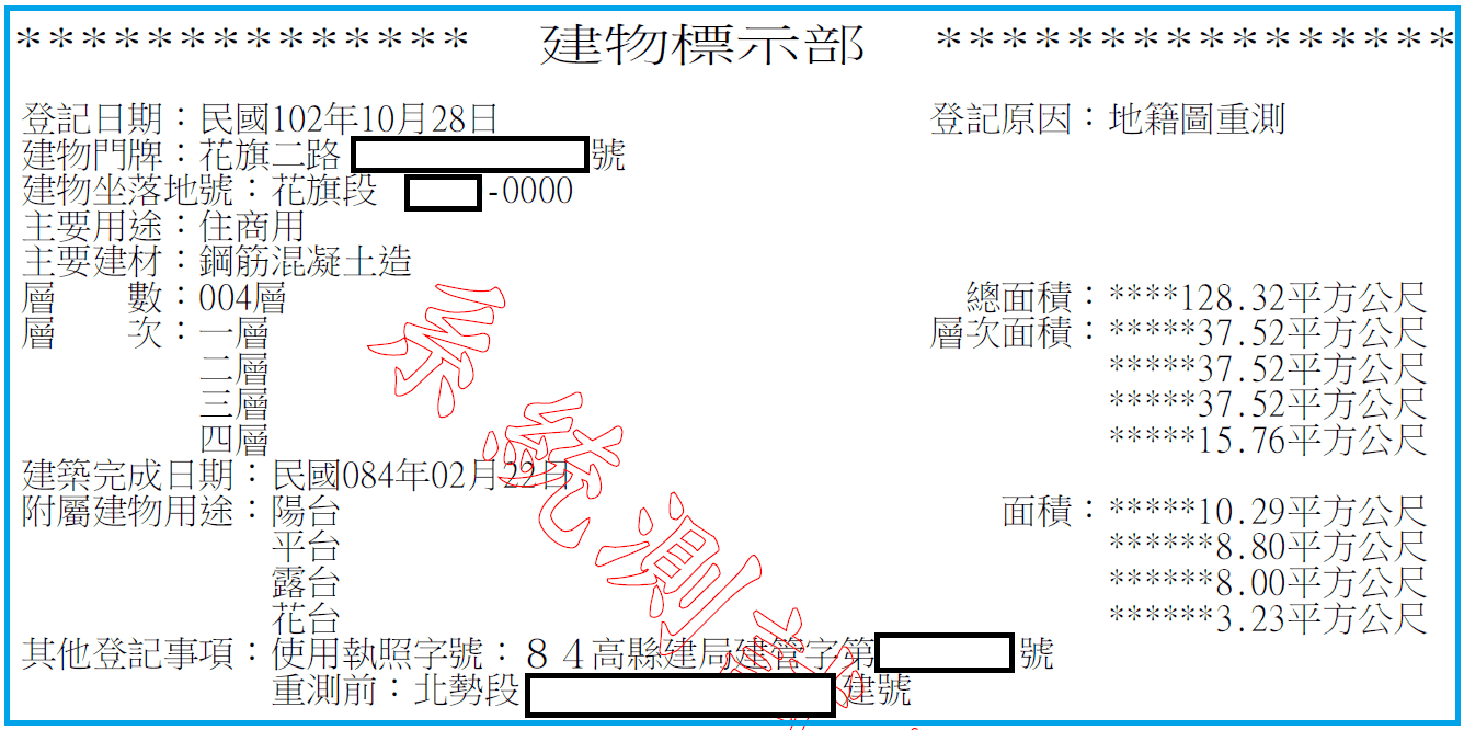 建物標示部特寫，附屬建物用途欄依序列出陽台、平台、露台、花台，右側對應各自的面積平方公尺